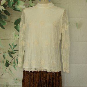 Warm Tone Lined Cream Floral Lace Long Sleeve Chicos Blouse Top Large  Pullover